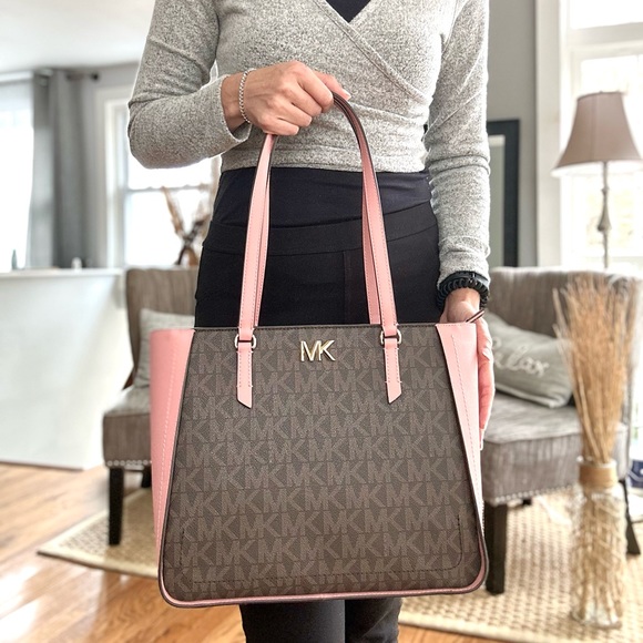 Michael Kors Handbags - NWT Michael Kors Sylvia Top Zip Brown pink Luggage Medium Tote